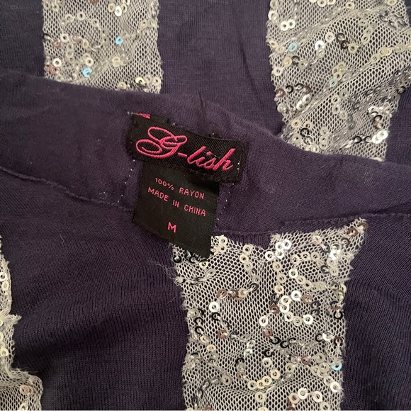 Y2K Silver Sequin Striped Navy 3/4 Sleeve Top - Picture 6 of 6